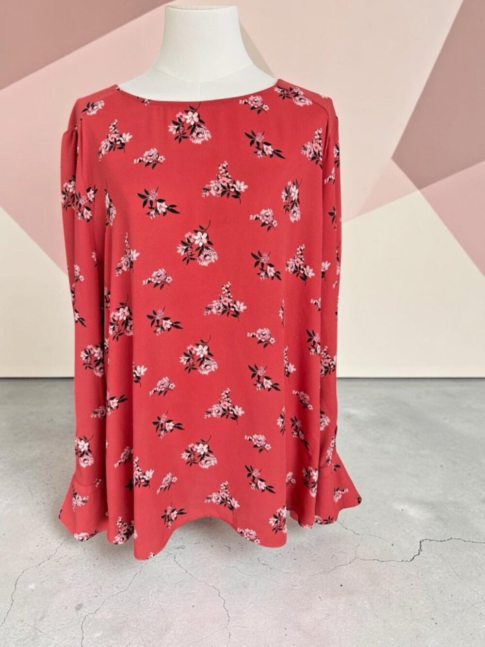 LOFT Plus Coral-Red Long Sleeve Floral Blouse-Size 2XL